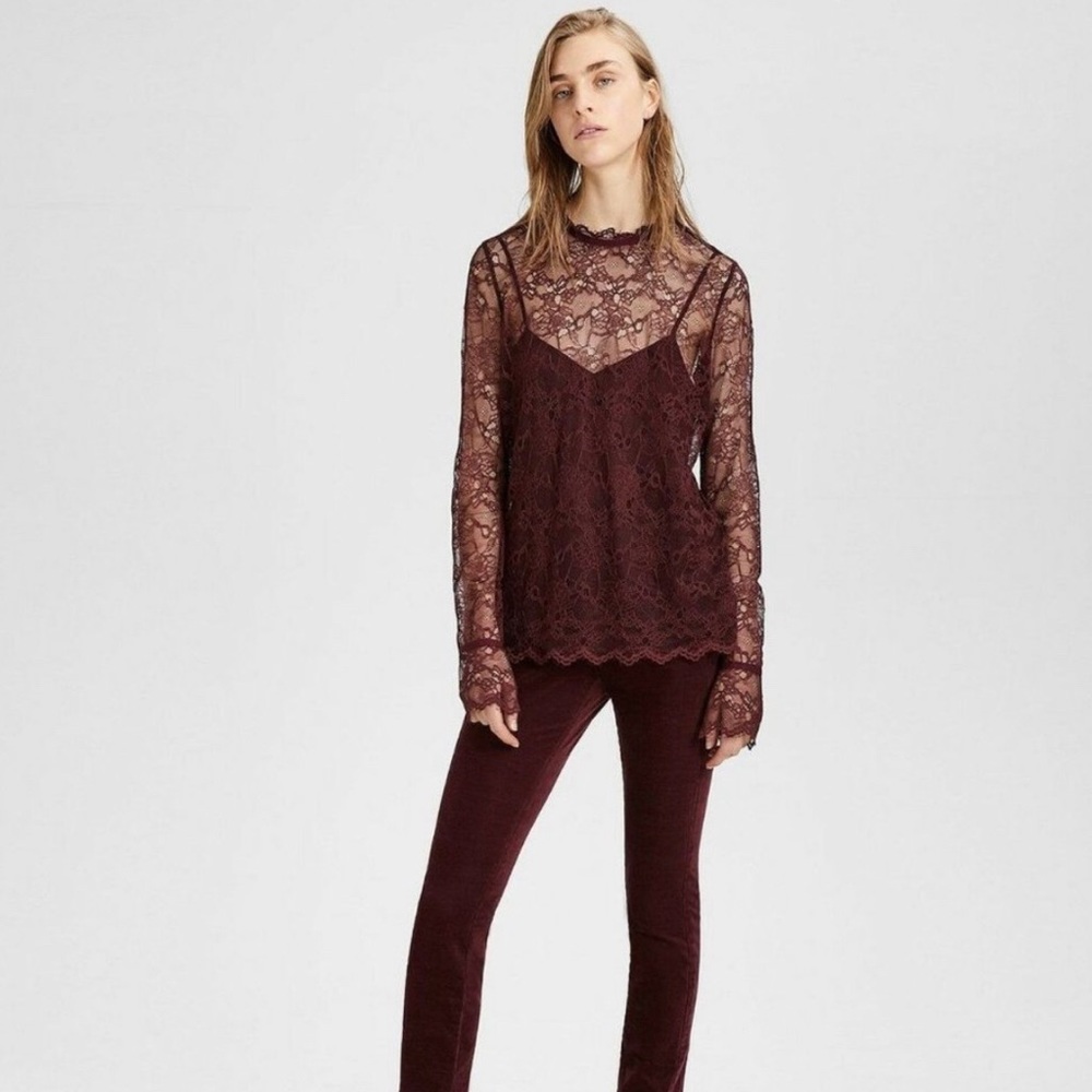 THEORY burgundy lace top NWT size small